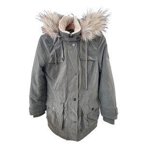 DKNY Faux Fur Hooded Parka Jacket Size XS Olive Green Long Sleeve Winter
